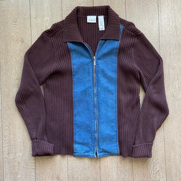 Liz Claiborne Jackets & Blazers - Vintage Y2K Villager Denim Panel Zip Sweater Jacket Brown Ribbed Knit